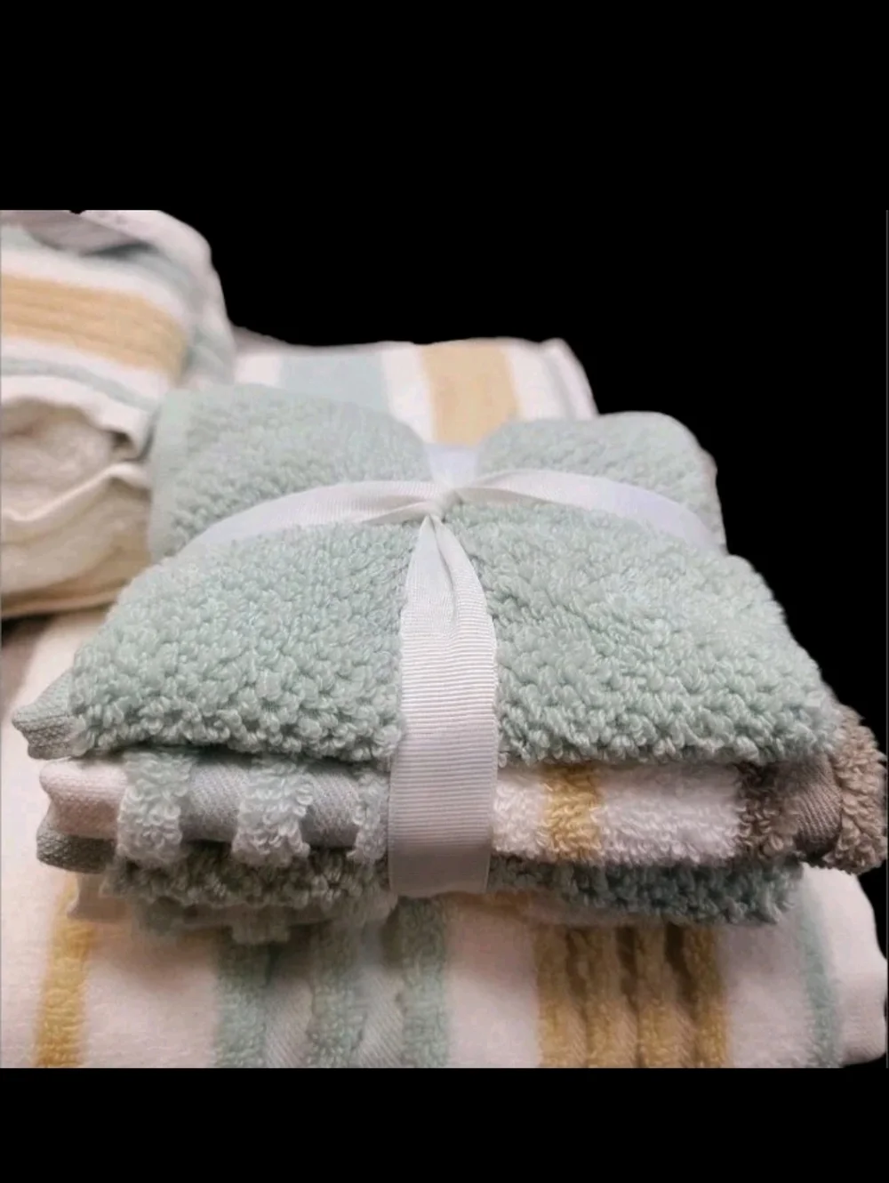 8pc Casaba Sage Tan Gray Striped Bath Hand Washcloth Quick Dry Towel Set New